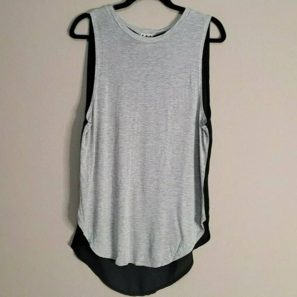 Haute Hippie Black & Gray Crewneck High-Low Sheer Back Tank Top Size Small